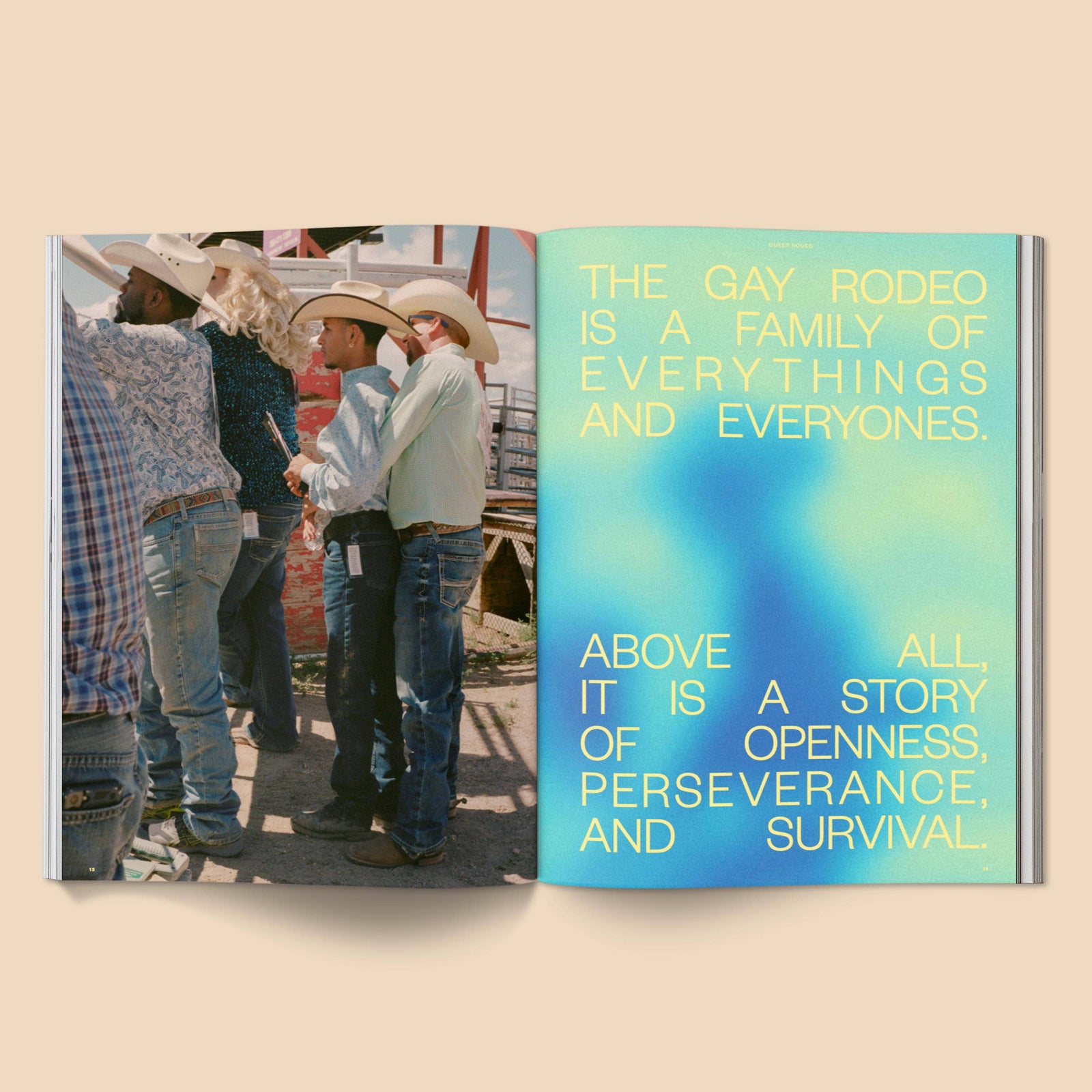 Open book showing a photograph of people in cowboy hats and text about the Gay Rodeo. Calling All Horse Girls Magazine, Vol. 4