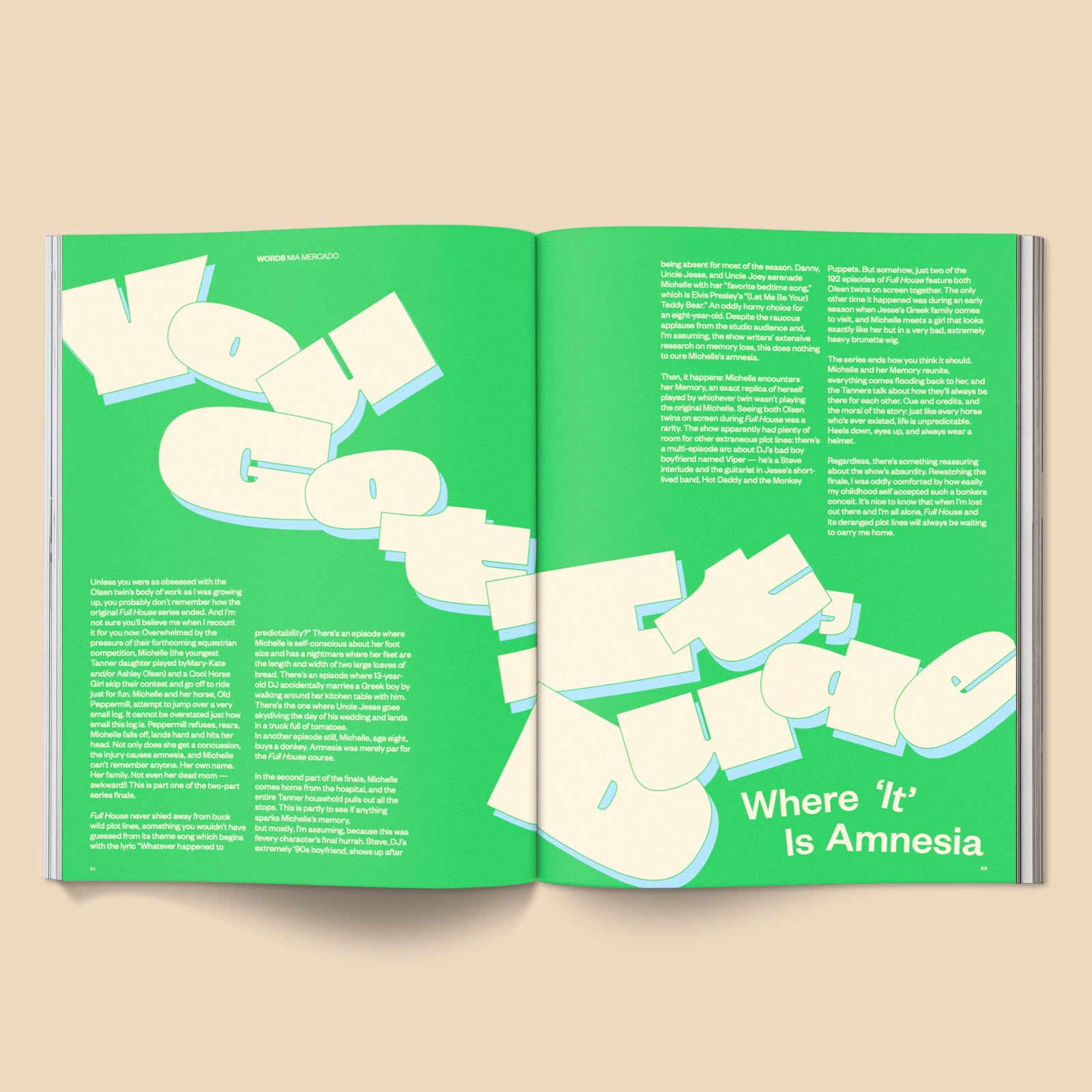 Open magazine with green pages and white text on a beige background, Calling All Horse Girls Magazine, Vol. 4