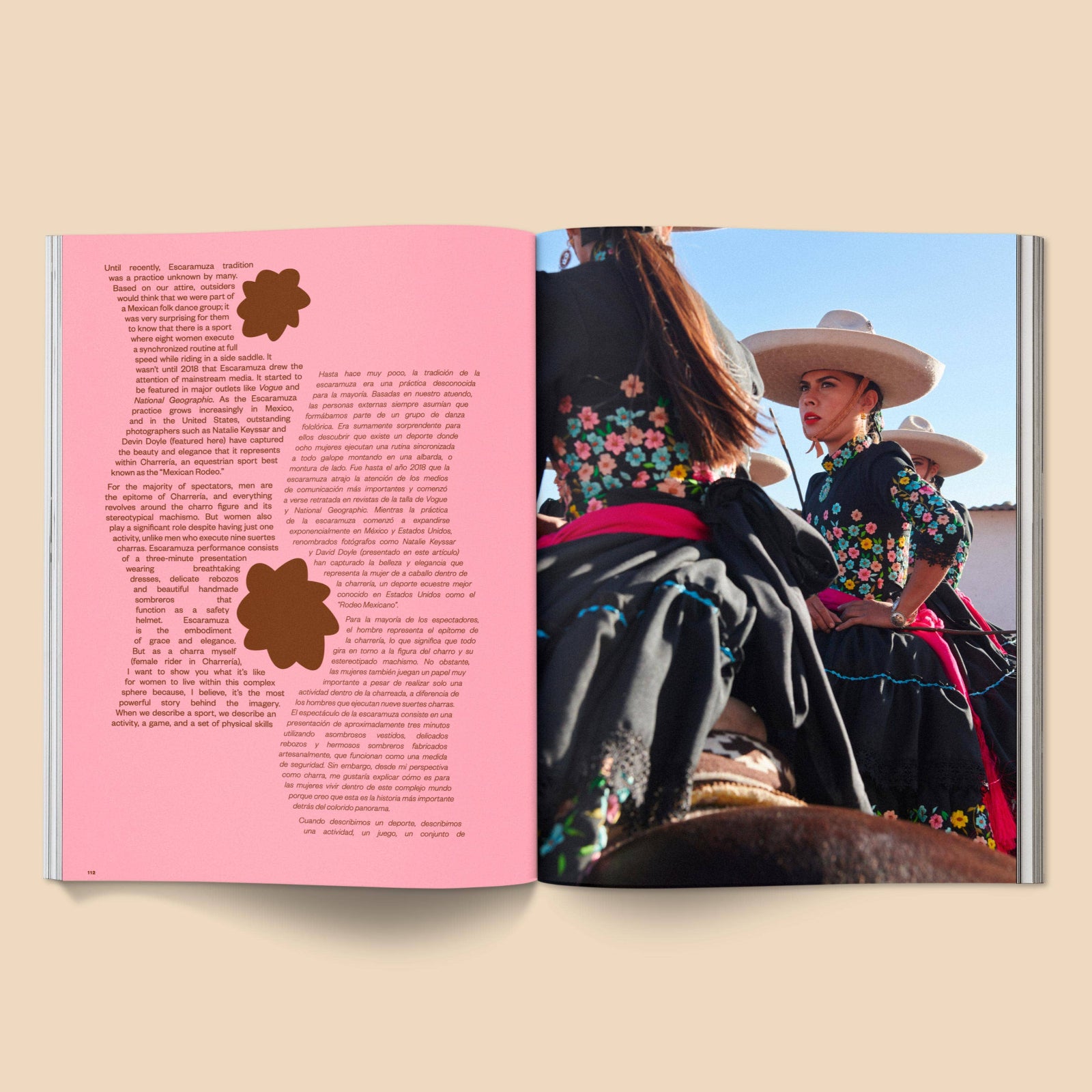 Open book with a pink page and a photo of people in traditional attire on the right. Calling All Horse Girls Magazine, Vol. 4