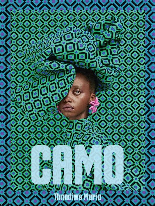 Book cover of 'Camo' by Thandiwe Muriu with a geometric pattern and a person peeking through.