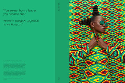 Person wearing a colorful patterned garment with text on a green background