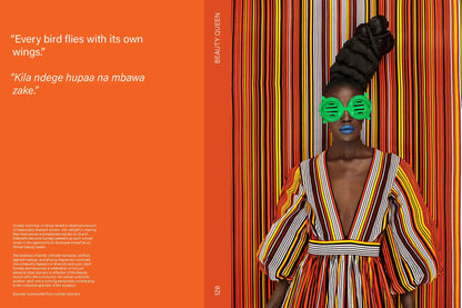 Person wearing a colorful striped dress and green sunglasses against an orange background with text.Camo Photography Art Book
