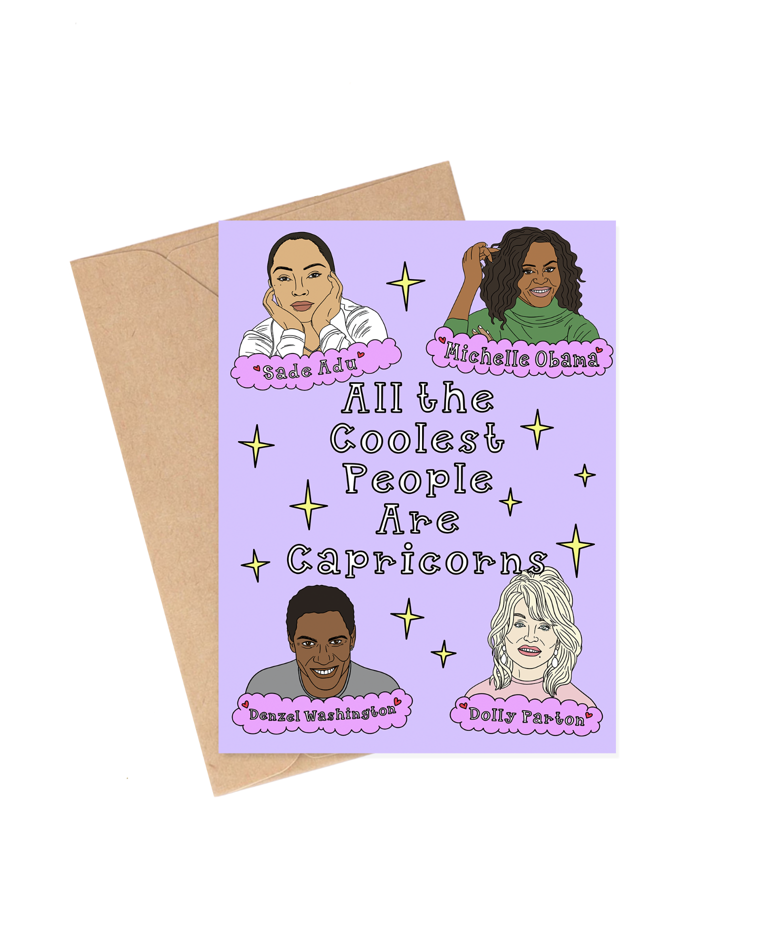 Card with illustrations of famous people and text on a purple background. Capricorn Celebrities Birthday Card, Dolly Parton, Denzel Washington, Michelle Obama, Sade Adu