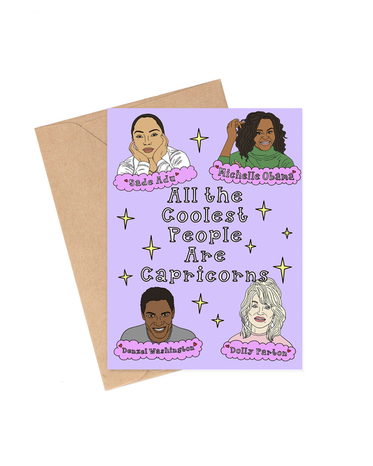 Card with illustrations of famous people and text on a purple background. Capricorn Celebrities Birthday Card, Dolly Parton, Denzel Washington, Michelle Obama, Sade Adu