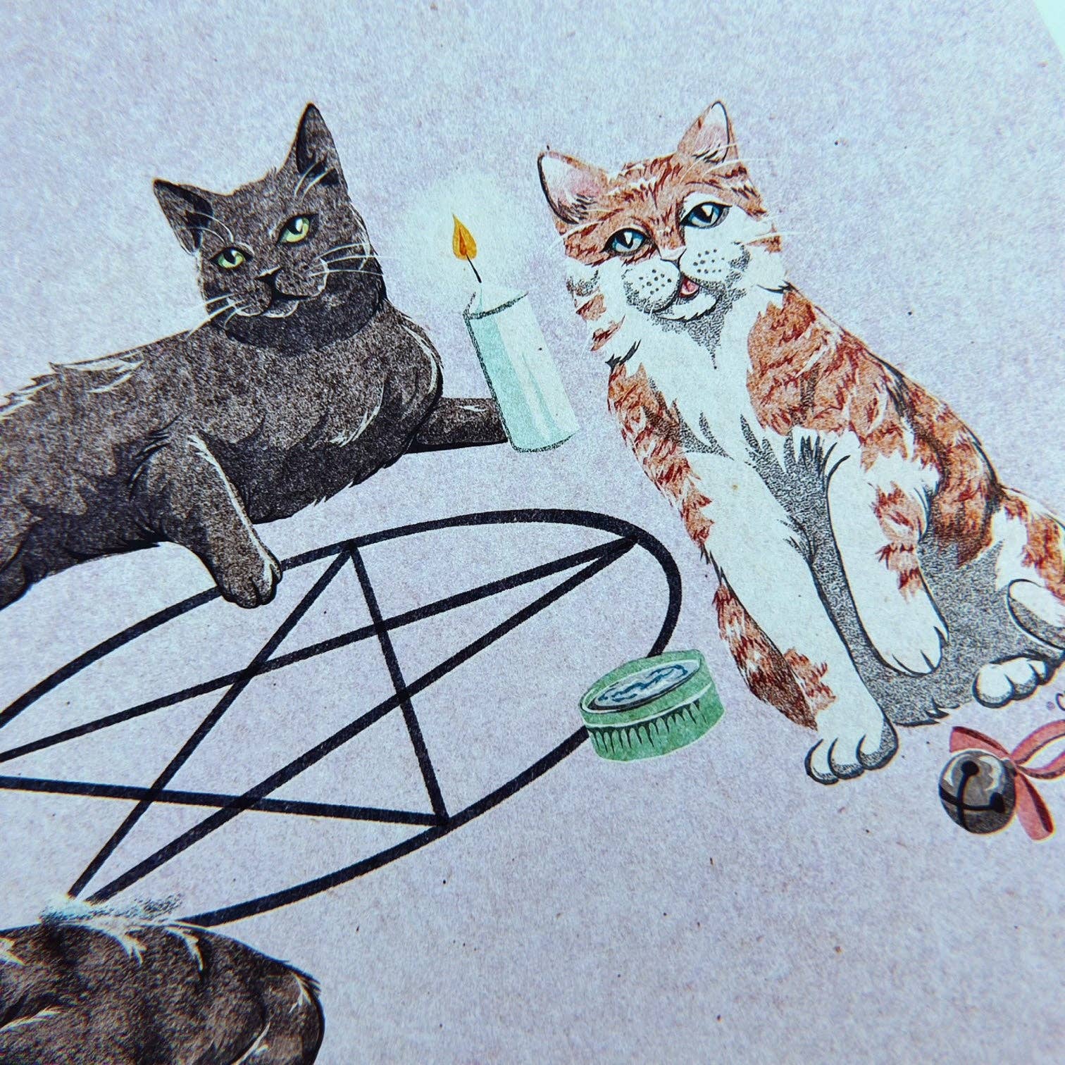 Two cats with a candle and other items on a textured background. Cat Coven Art Print