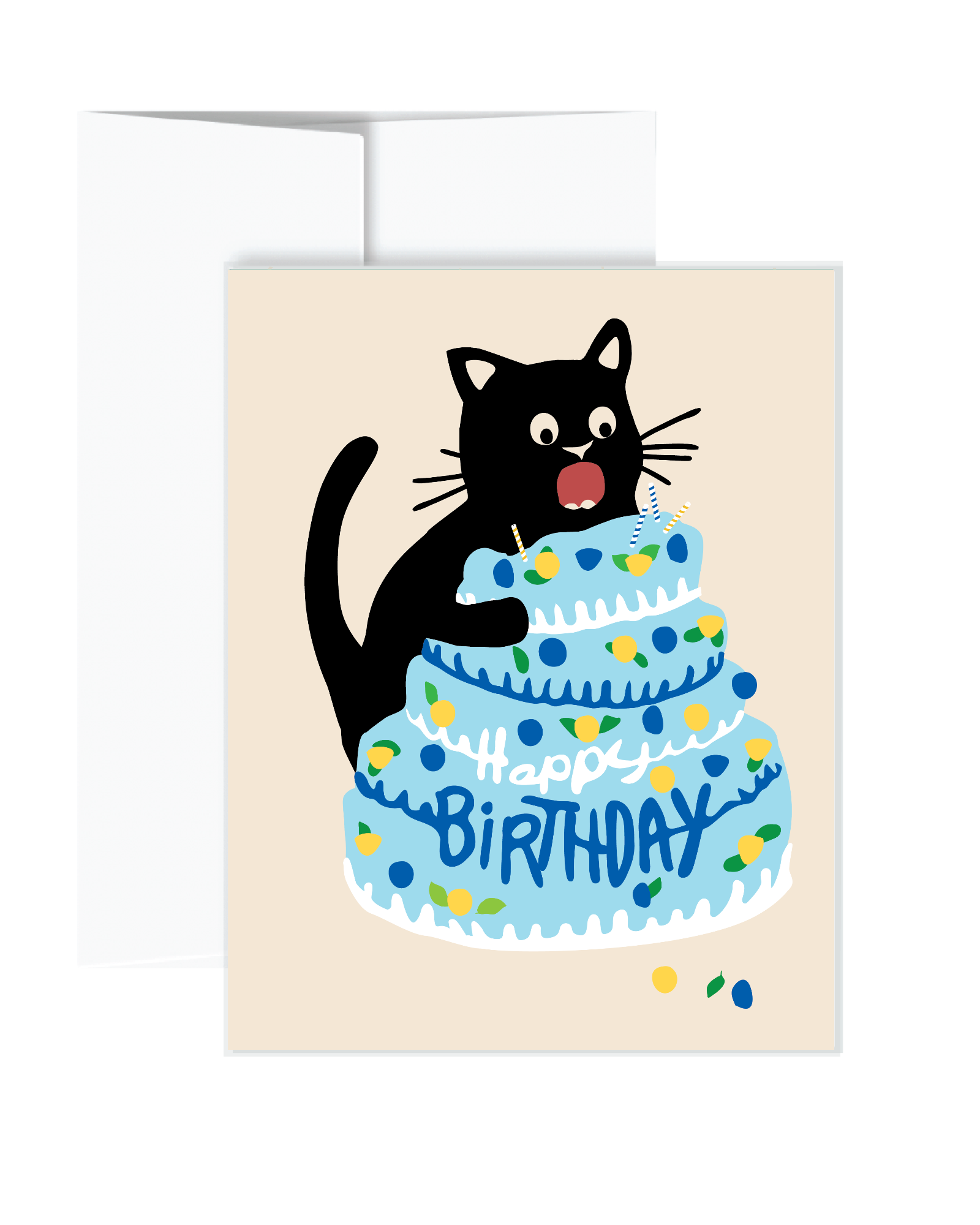 Greeting card with a black cat on a birthday cake illustration
