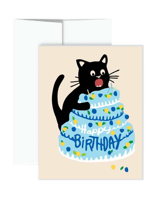 Greeting card with a black cat on a birthday cake illustration