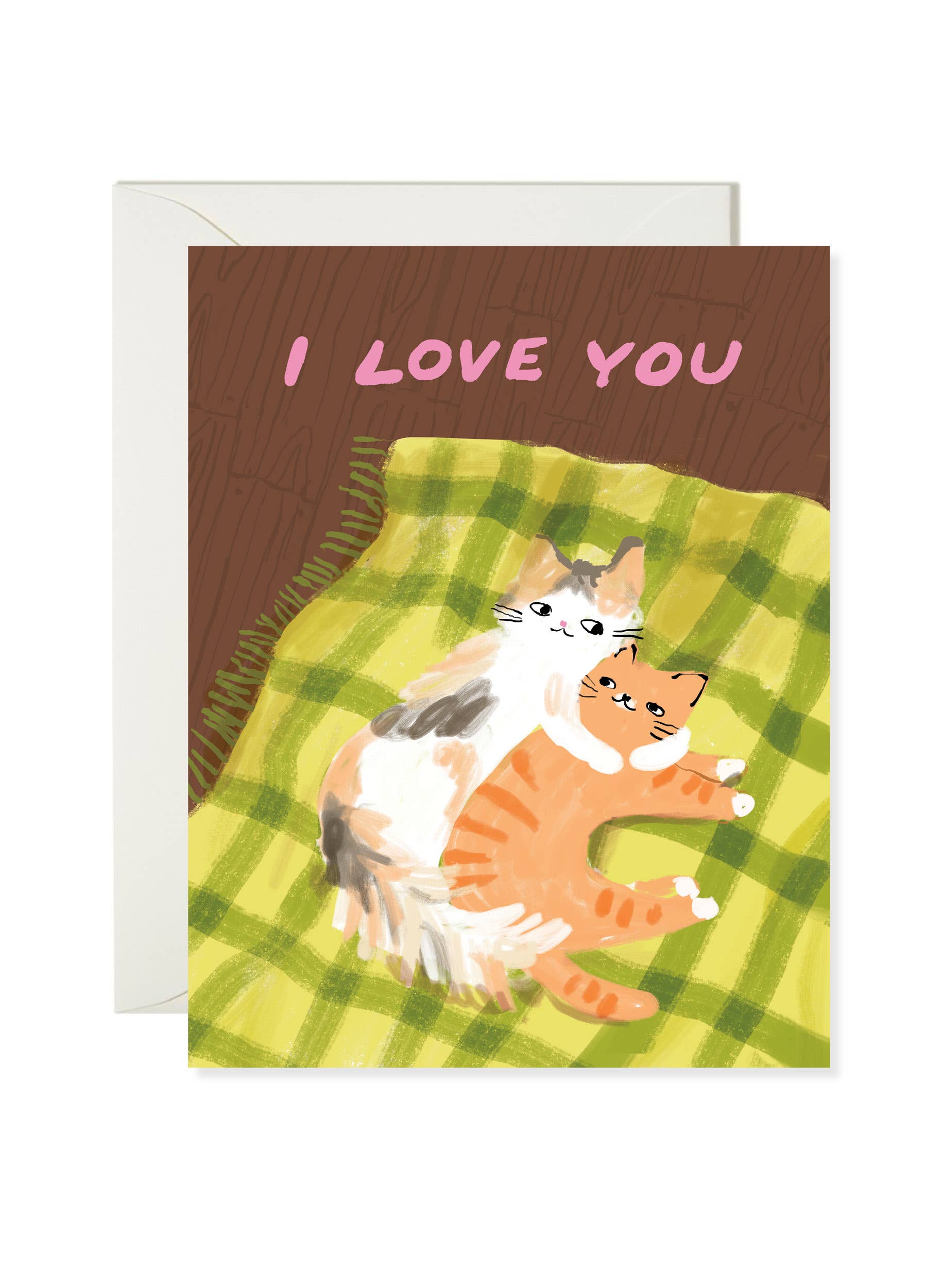Greeting card with two cats on a green checkered blanket and 'I Love You' text.