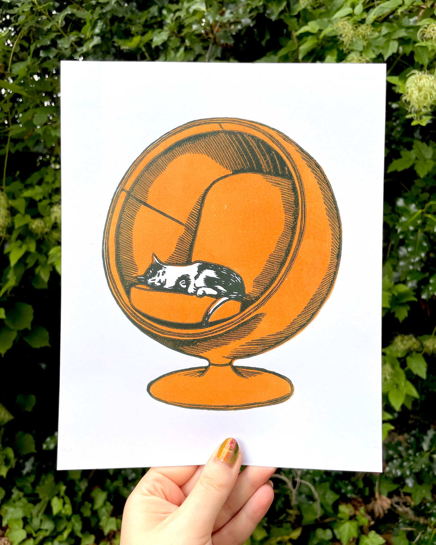 Illustration of a cat in an orange sphere held against a green leafy background