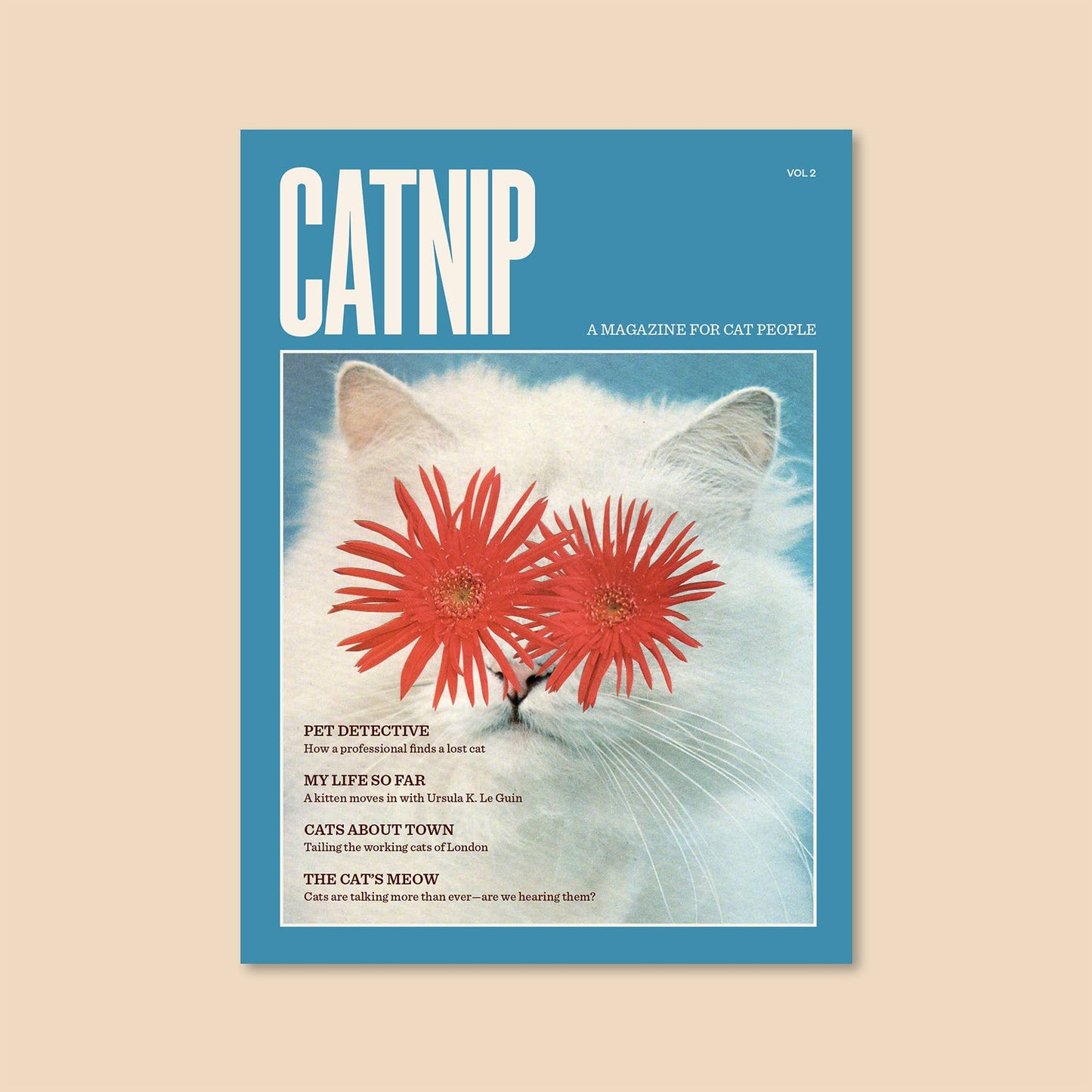 Magazine cover titled 'Catnip' with a cat and flowers on a blue background