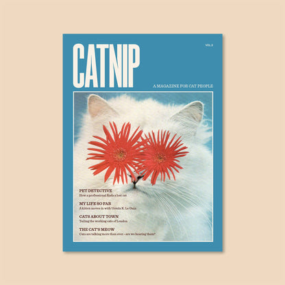 Magazine cover titled 'Catnip' with a cat and flowers on a blue background