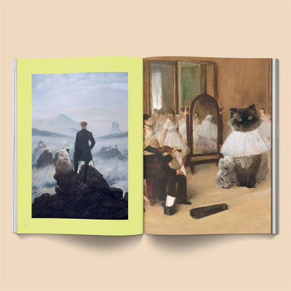 Open book showing two paintings side by side on a beige background