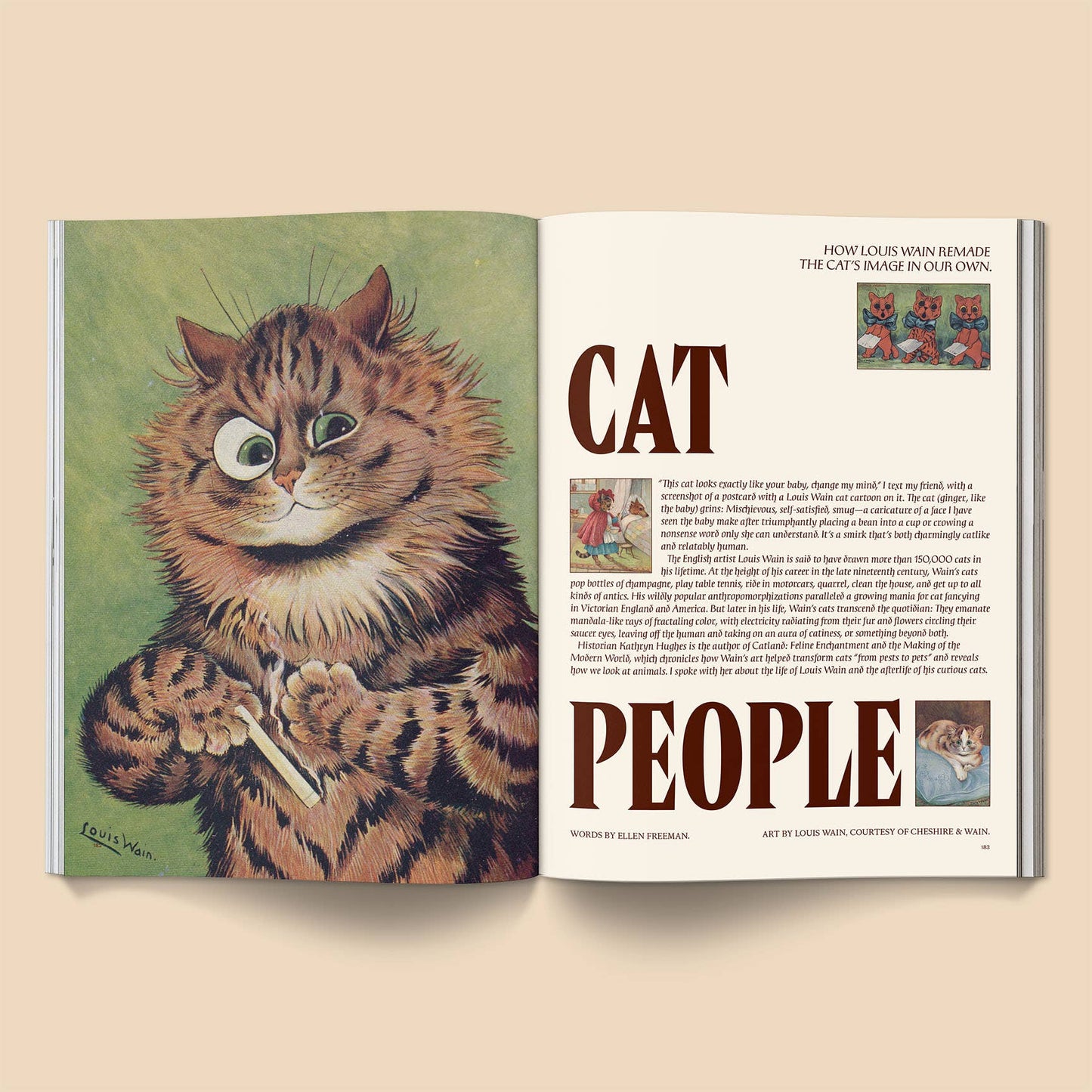 Open book with illustration of a cat on one page and text on the other, on a beige background.