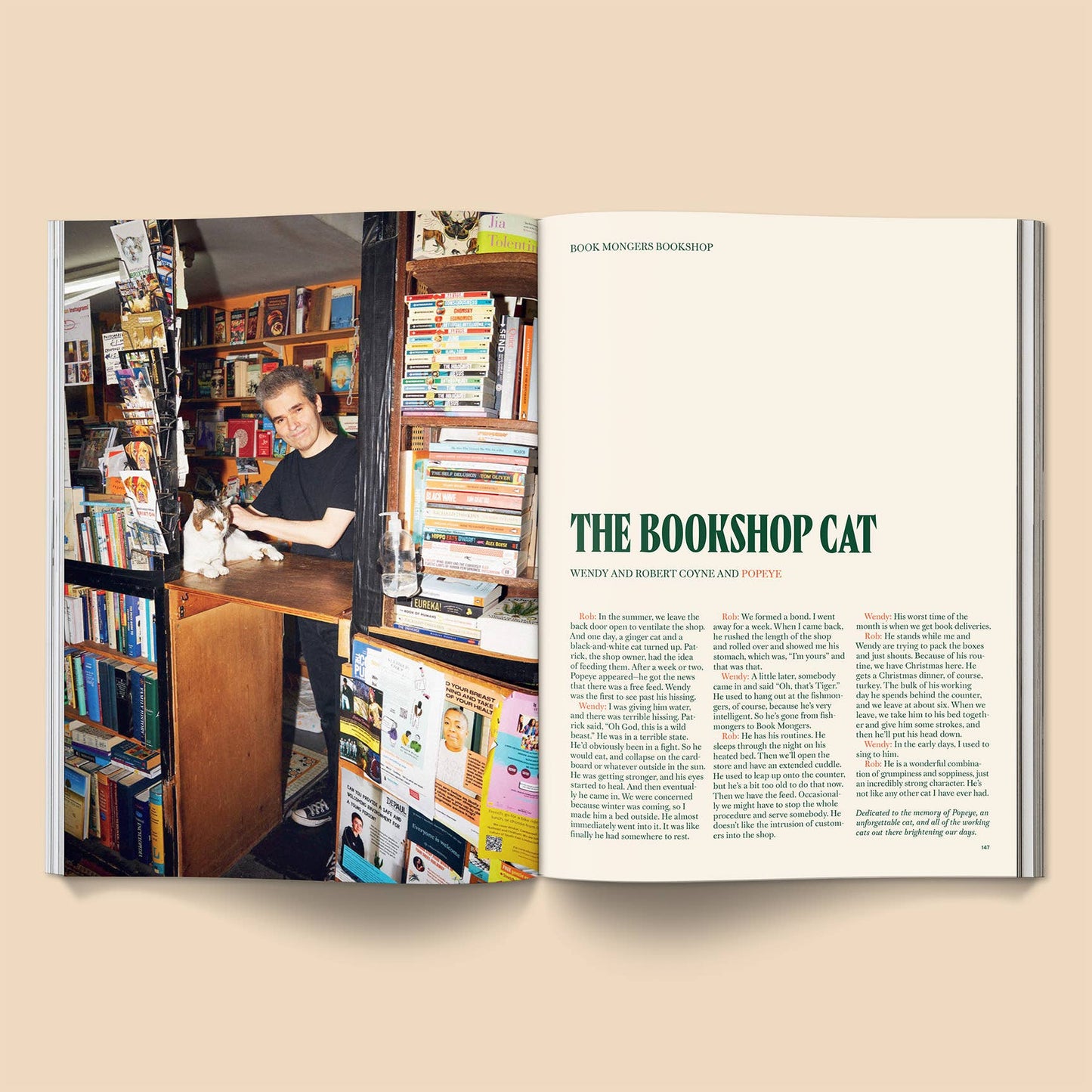 Open book with a photo of a person in a bookshop and text on a beige background