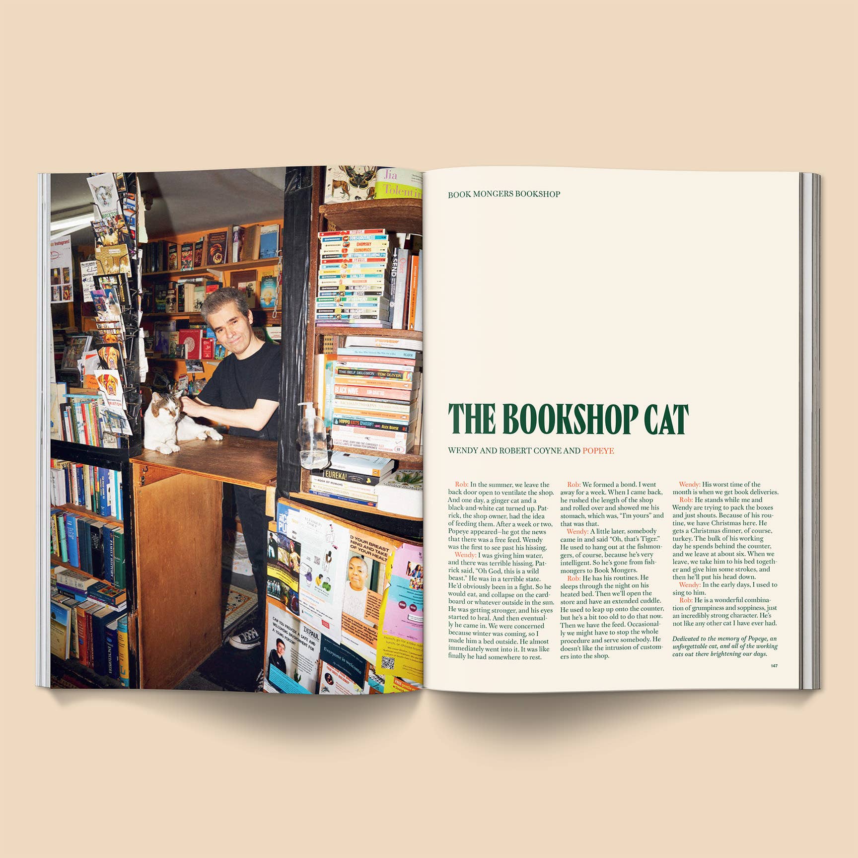 Open book with a photo of a person in a bookshop and text on a beige background