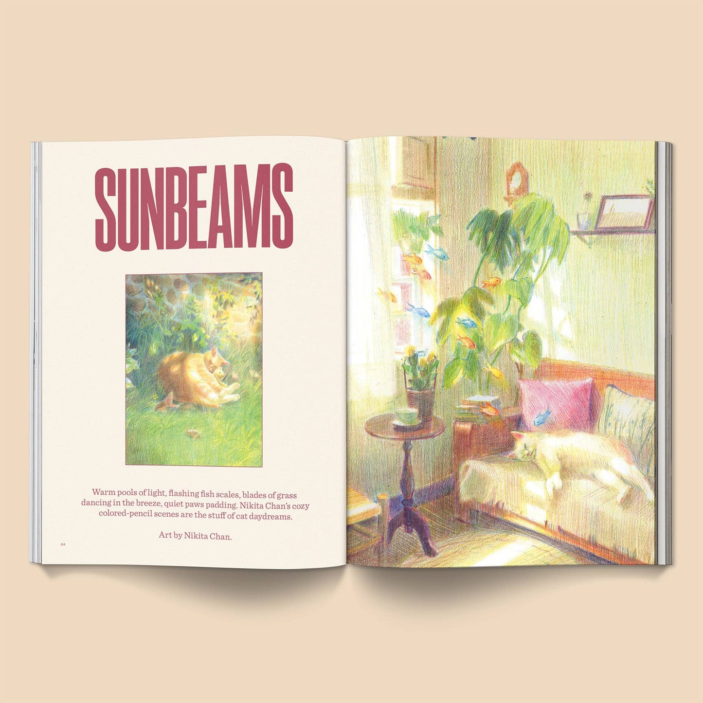 Open book titled 'Sunbeams' with illustrations of a cozy living room and a cat.