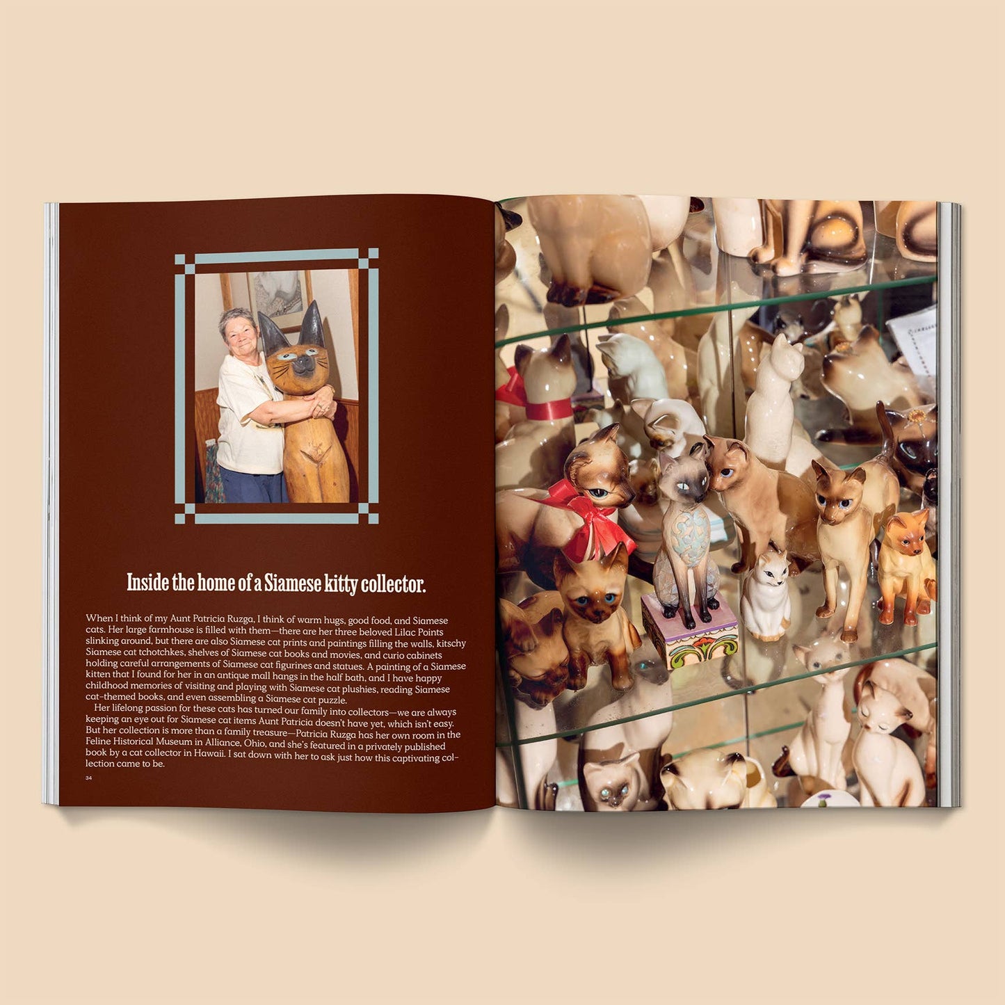 Open book showing a photo of a person with a Siamese cat and a display case filled with Siamese cat figurines.