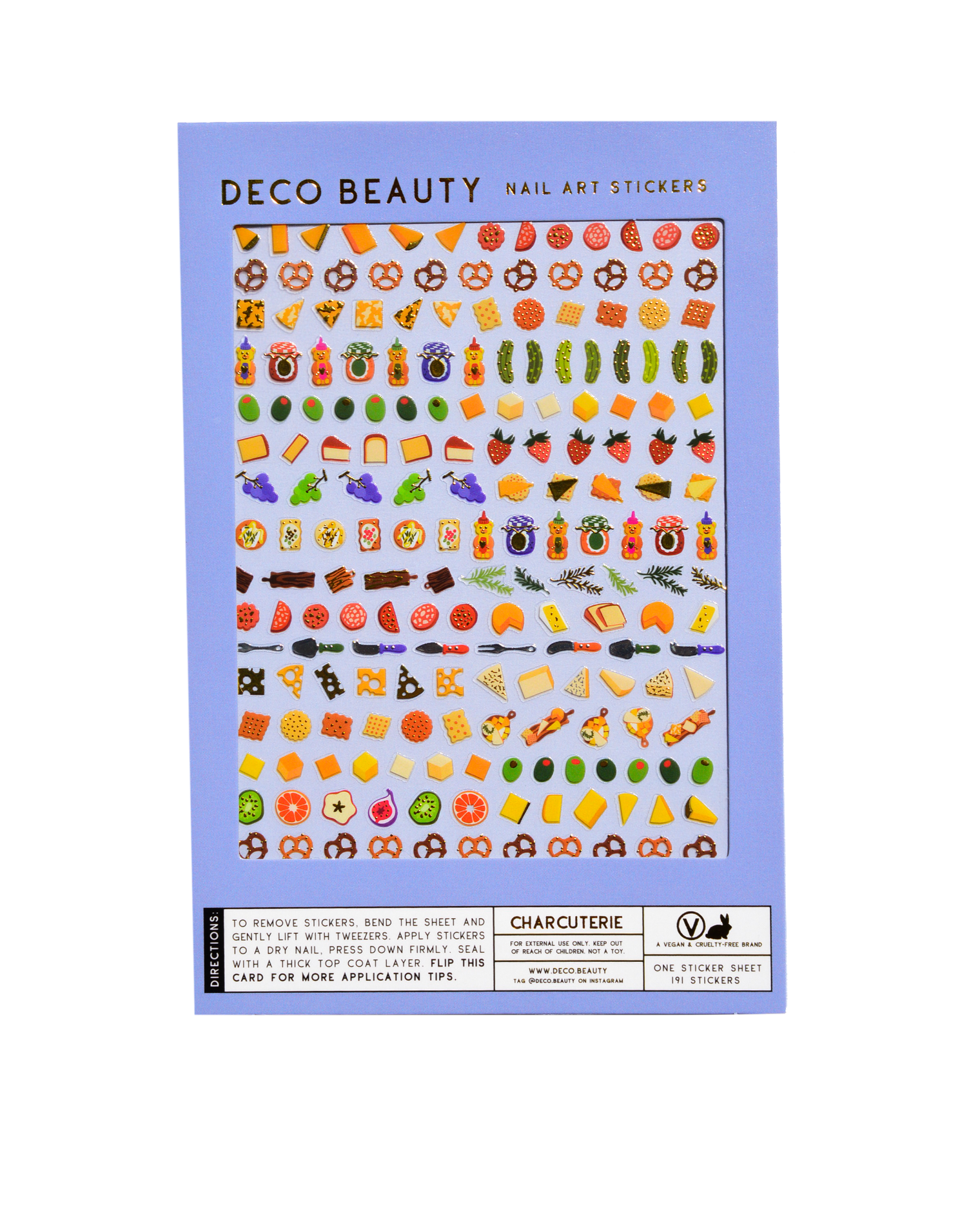 Packaging of Deco Beauty nail art stickers with various food-themed designs on a blue background. Charcuterie Nail Art Stickers