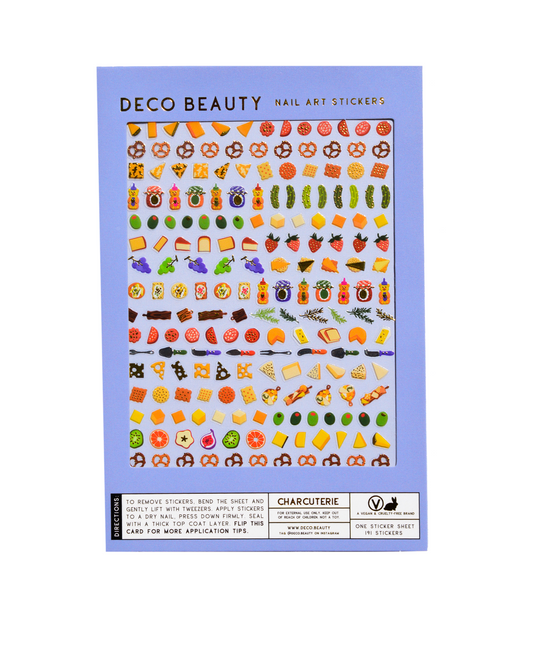 Packaging of Deco Beauty nail art stickers with various food-themed designs on a blue background. Charcuterie Nail Art Stickers