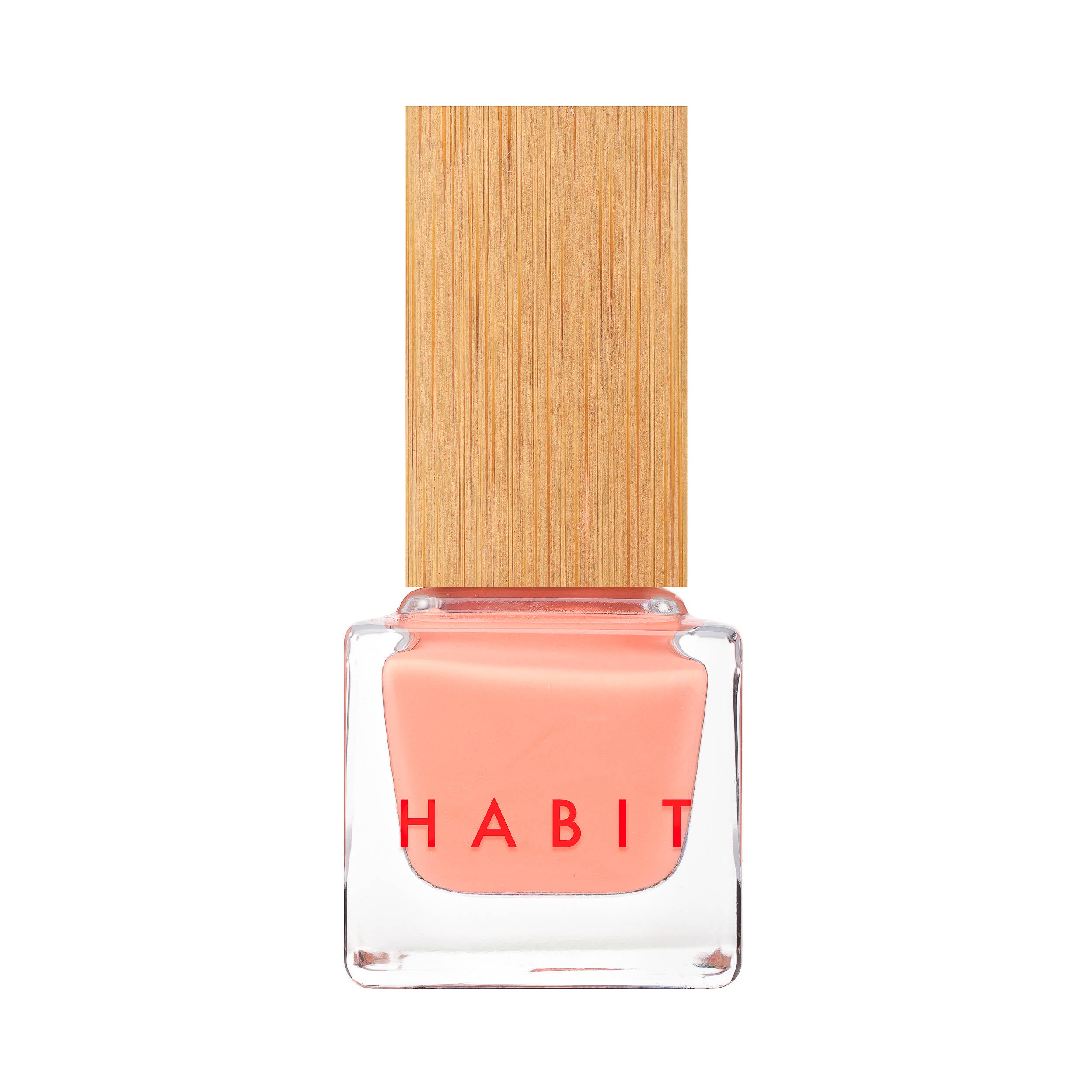 Pink nail polish bottle with wooden cap on a white background