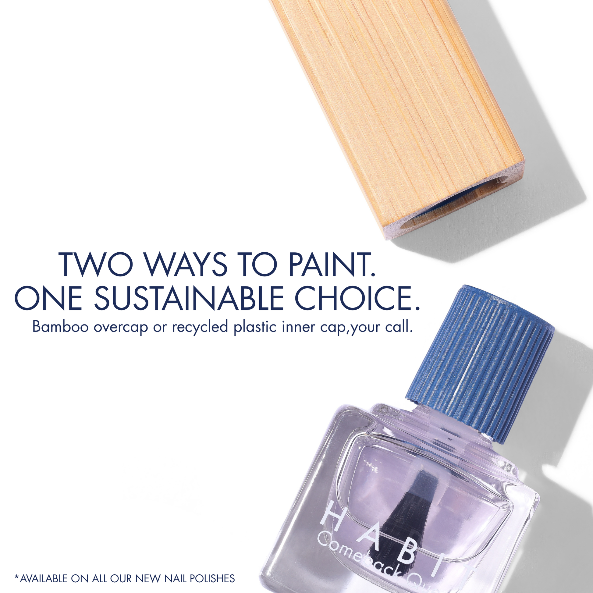 Nail polish bottle with blue cap and wooden applicator, promoting sustainability.
