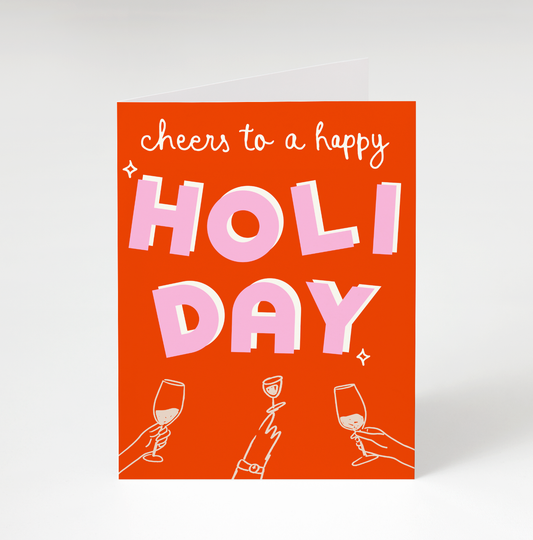 Card with 'Cheers to a happy HOLIDAY' text and wine glass illustrations on an orange background. Cheers Happy Holiday Greeting Card