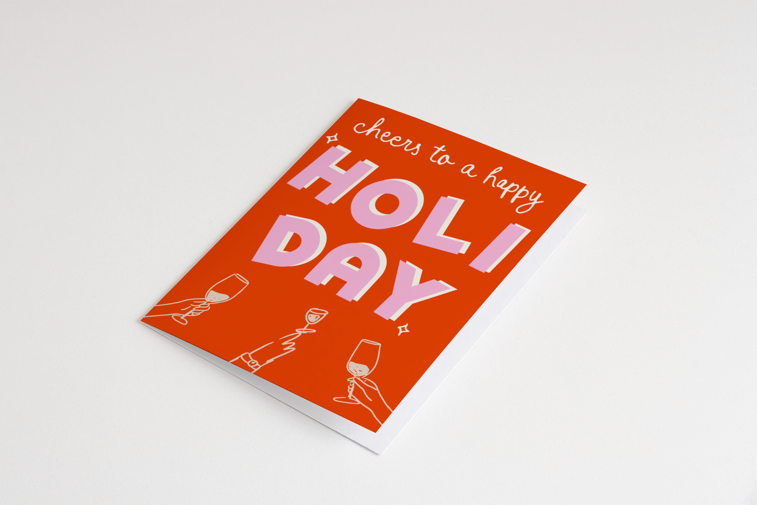 Greeting card with 'cheers to a happy HOLIDAY' text and champagne glass illustrations on an orange background.