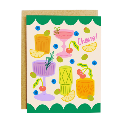 Colorful card with illustrations of cocktails and the word 'Cheers!' on a white background