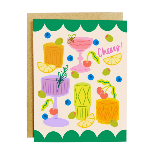 Colorful card with illustrations of cocktails and the word 'Cheers!' on a white background