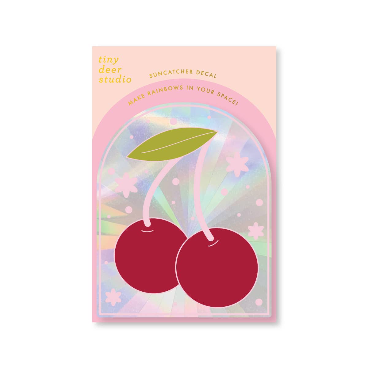 Suncatcher decal packaging with cherry design on a pastel background