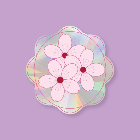 Decorative sticker with pink flowers on a purple background