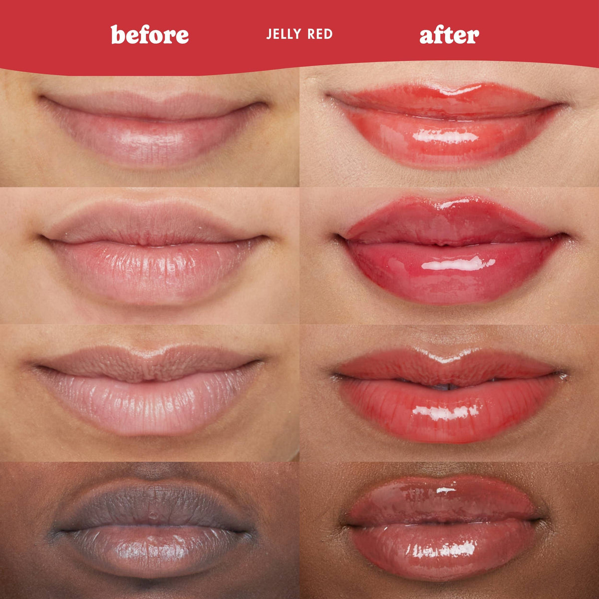 Before and after comparison of lips with a jelly red lipstick on a neutral background.