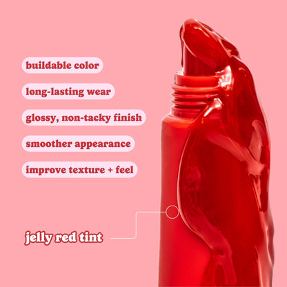 Red jelly-like product with text on a pink background