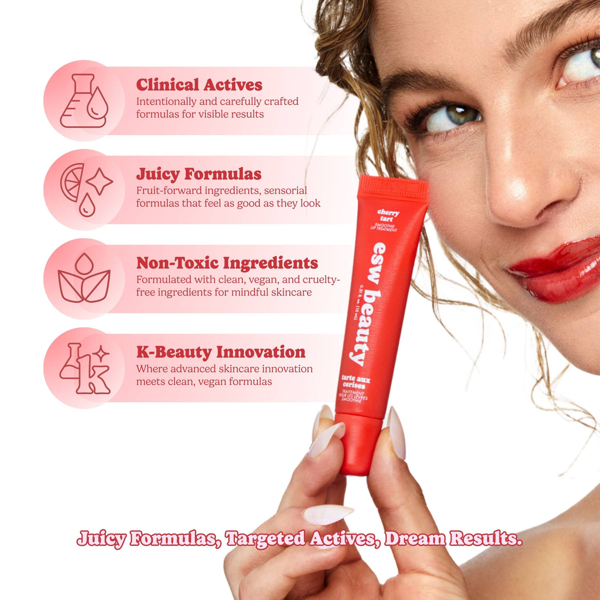 Red skincare product with a woman holding it, featuring text about clinical actives, juicy formulas, non-toxic ingredients, and K-beauty innovation.