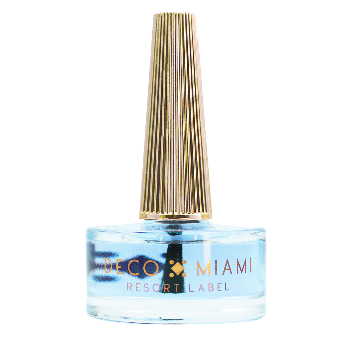 Bottle of Deco Miami nail polish with a gold cap on a white background