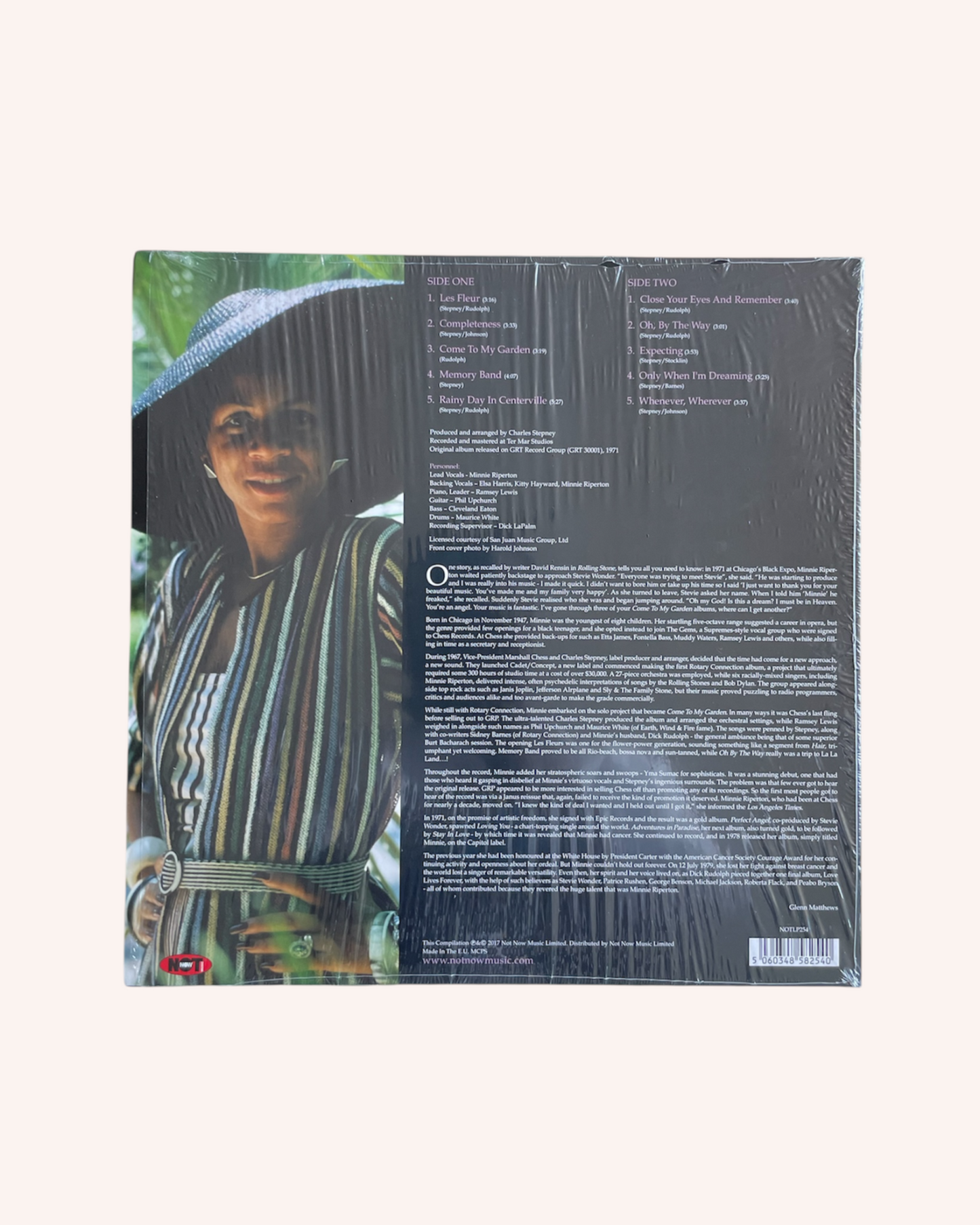 Back cover of a vinyl record with a person and text layout, Come to My Garden Vinyl Record - Minnie Riperton