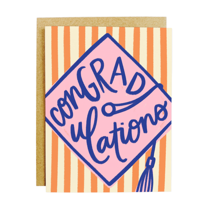 Graduation-themed card with 'Congratulations' text on a striped background