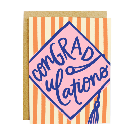 Graduation-themed card with 'Congratulations' text on a striped background