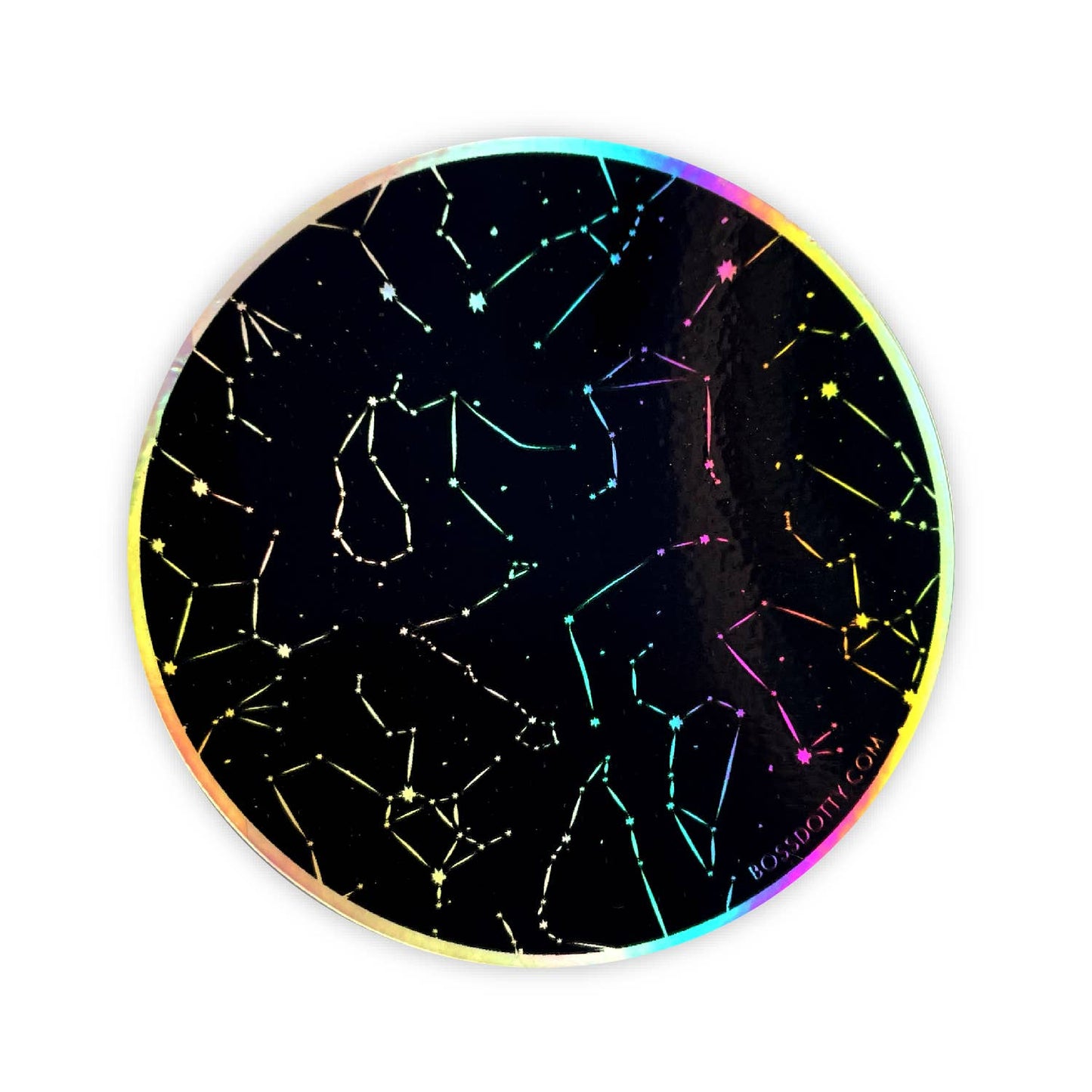 Round sticker with colorful constellation design on a black background