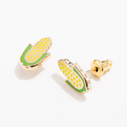 Corn-shaped earrings with gold and green design on a white background