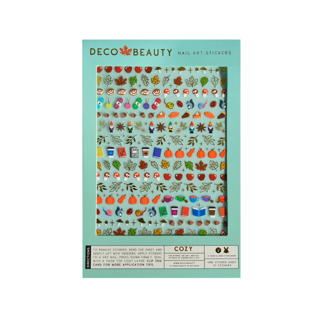 Deco Beauty nail art stickers with autumn-themed designs on a teal, background, Cozy Fall Nail Art Stickers