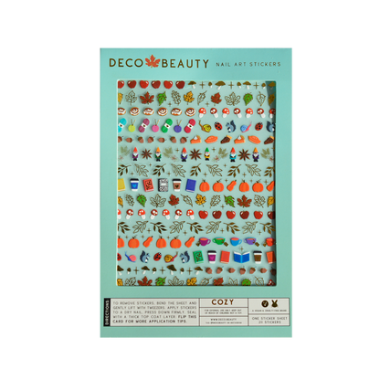 Deco Beauty nail art stickers with autumn-themed designs on a teal, background, Cozy Fall Nail Art Stickers