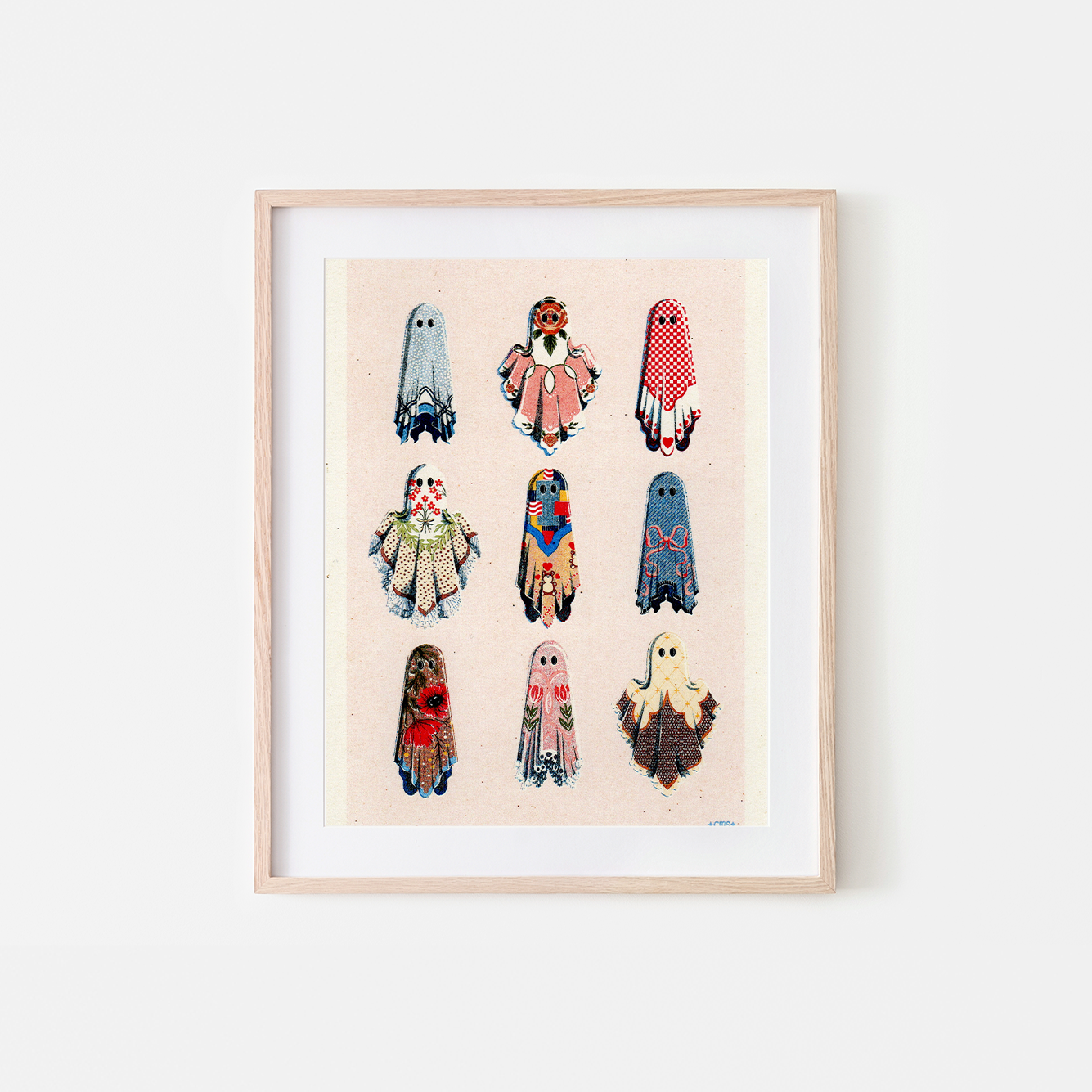 Framed artwork with colorful ghost illustrations on a beige background, Cozy Ghosts Art Print