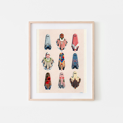 Framed artwork with colorful ghost illustrations on a beige background, Cozy Ghosts Art Print