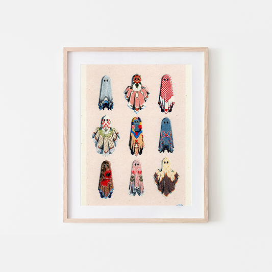 Framed artwork with colorful ghost illustrations on a beige background, Cozy Ghosts Art Print