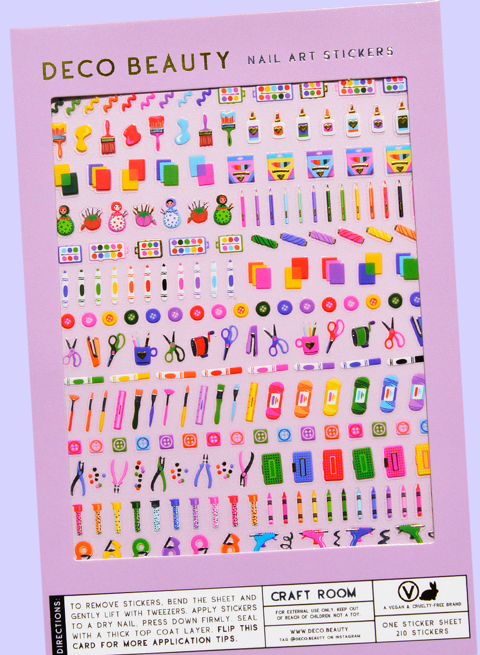Deco Beauty nail art stickers sheet with various colorful designs on a pink background