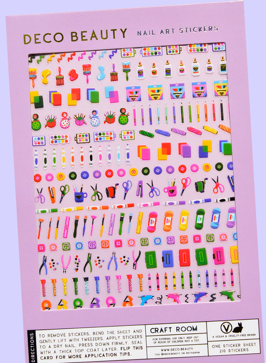 Deco Beauty nail art stickers sheet with various colorful designs on a pink background