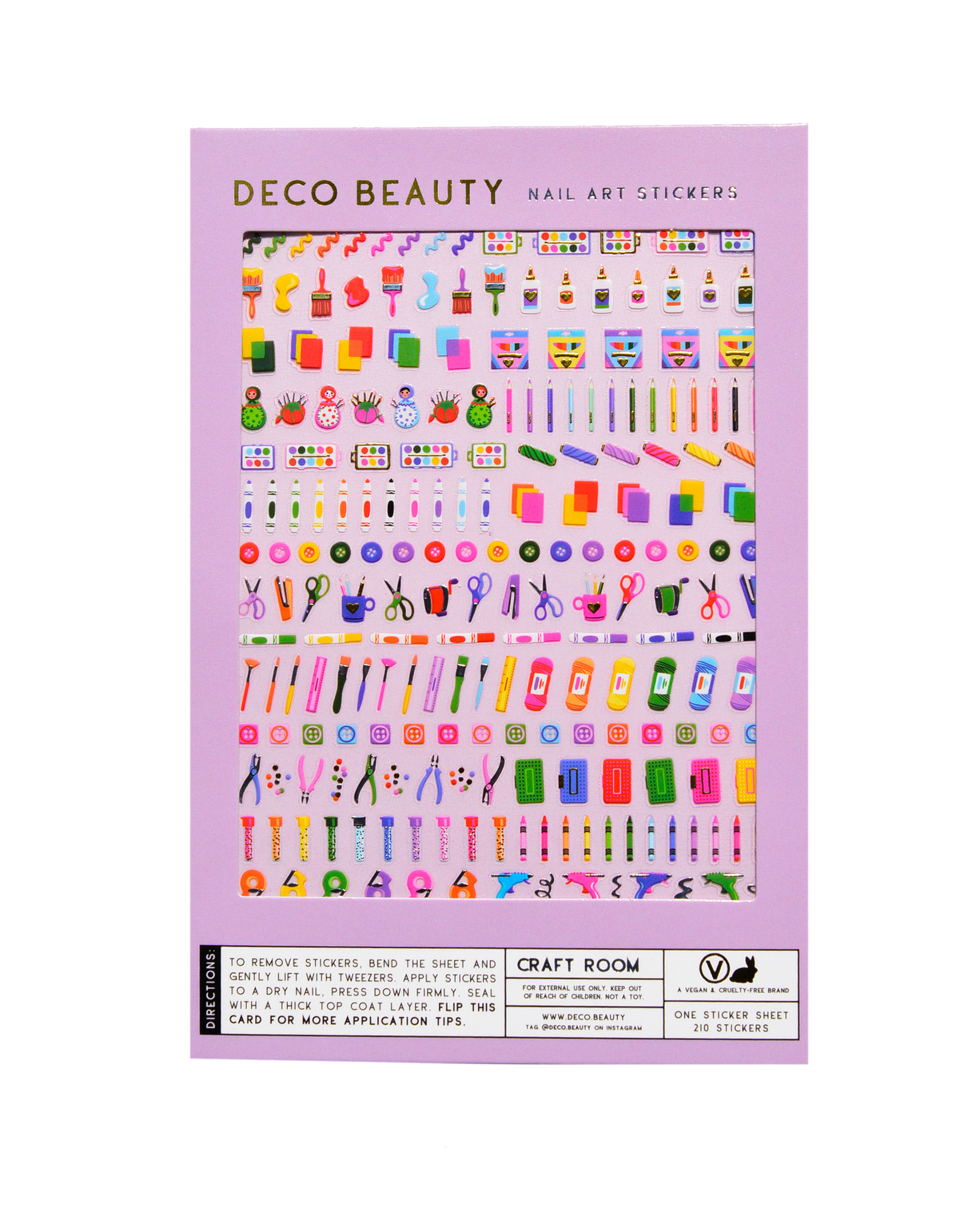 Packaging of Deco Beauty nail art stickers with colorful designs on a purple background