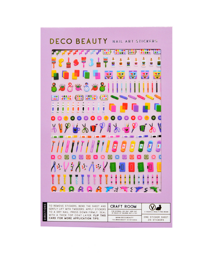 Packaging of Deco Beauty nail art stickers with colorful designs on a purple background