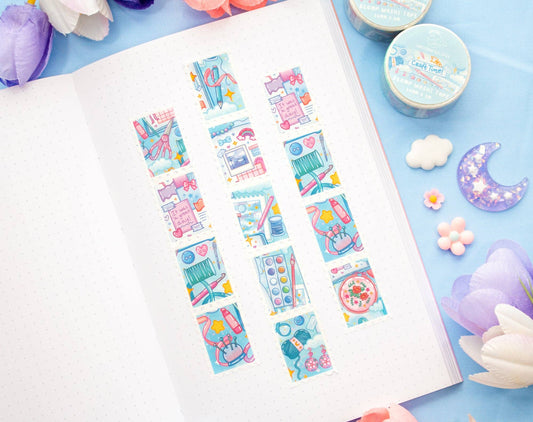Colorful decorative stickers on a white sheet with a blue background